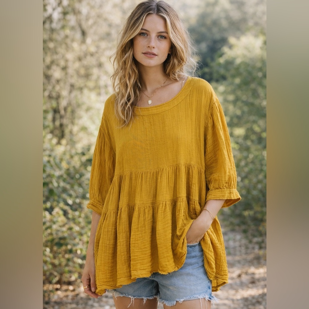 Free People Mustard Yellow Oversized Gauze Cotton Boho Tunic Top Medium